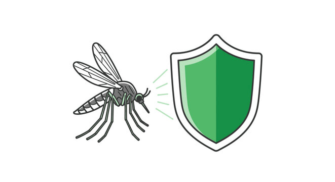 Mosquito Next to a Green Shield Symbol, isolated white background.