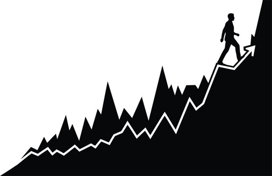 A person climbing a steep zigzagging mountain path with determination and perseverance