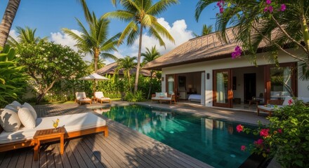 Fototapeta premium Luxury tropical villa with private swimming pool and palm trees