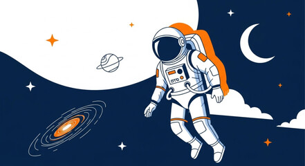Astronaut floating in space with orange backpack and stars.