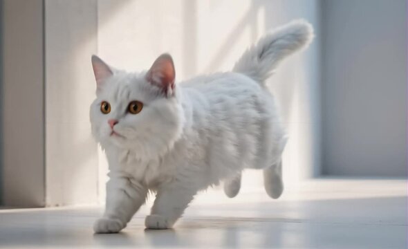 White Cat From The Reference Image, Darting Playfully Across A Sunlit Minimalist Room, Running And Jumping With Joyful Energy As Soft Shadows Glide Over The Floor