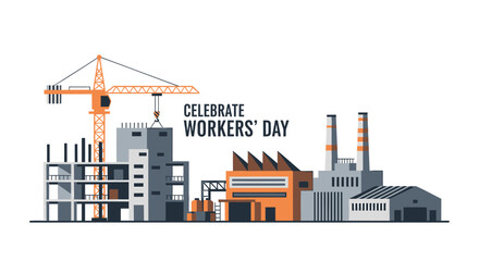 Obraz premium Vector illustration of industrial buildings and construction site for Workers' Day