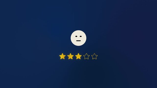 Neutral three star rating animation showing average customer review, 3 yellow stars on dark blue background, mediocre user feedback, balanced opinion, moderate reputation impact. Copy space