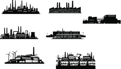 Obraz premium Industrial factory buildings and manufacturing plants silhouette set