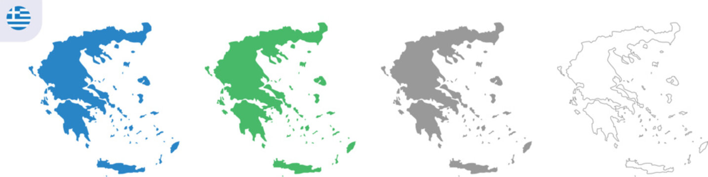 Greece Map Vector Illustration 4 Variation Set with Blue, Green, Gray and Outline Country Silhouette Shapes Isolated on Transparent Background, Hand Made Geography Design, AI EPS10 JPG PNG