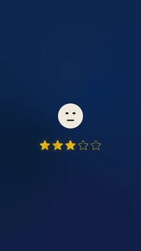 Vertical animated three star rating with neutral face icon on dark blue backdrop, customer review feedback showing average satisfaction level, mediocre experience and balanced evaluation, Copy space