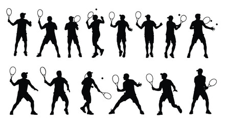 Fototapeta premium Tennis player silhouettes in various poses vector illustration for sports design and graphics