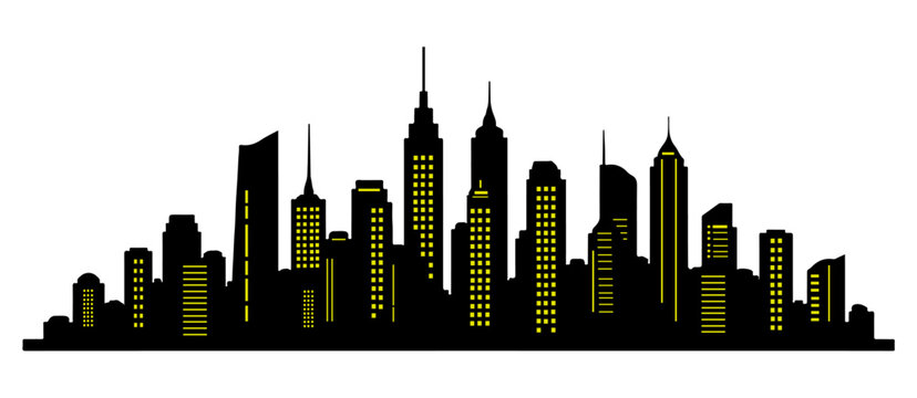 Modern city skyline night silhouette featuring skyscrapers with glowing yellow windows
