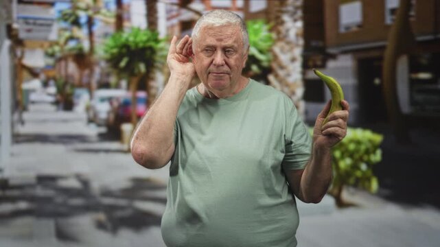 Man cupping ear while holding banana with right hand on a sunny street lined with palm trees and shops; absurdity confusion.