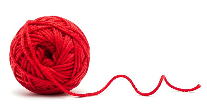 Red ball of yarn with a long tail on white background