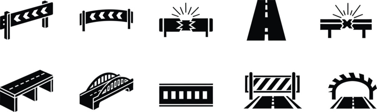 Infrastructure safety icons set with road barriers bridges tunnels and closures