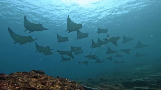 School of Mobula Rays Swimming Gracefully Beneath Bright Ocean Surface
