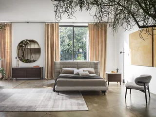 Fototapete Hotel Chic Modern luxury bedroom interior in minimal scandinavian style, 3d render  © evgenij