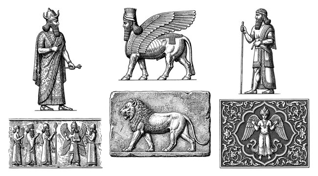 Ancient Assyrian and Mesopotamian art set in vintage engraving style