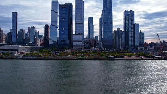 drone footage of nyc hudson yards skyline
