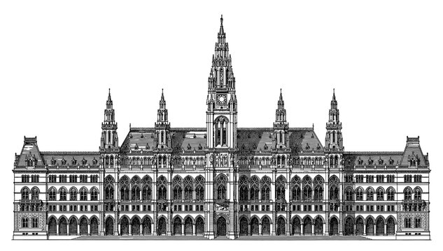 Vienna City Hall facade in Neo Gothic engraving style