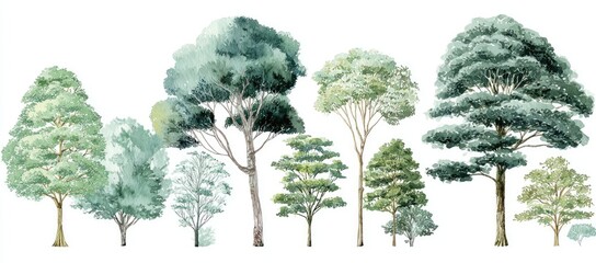 Fototapeta premium Watercolor illustration of various trees in shades of green and grey