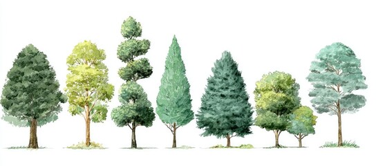 Fototapeta premium Collection of various stylized trees with green foliage, on a white background