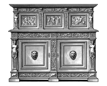 Antique Renaissance cabinet with lion head and caryatid engraving