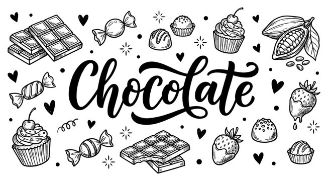 Hand drawn chocolate confectionery and cacao doodle set