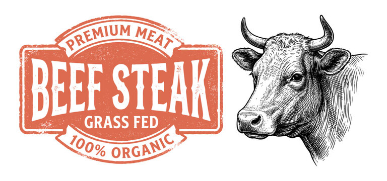 Beef steak vintage engraving logo with cow head and label