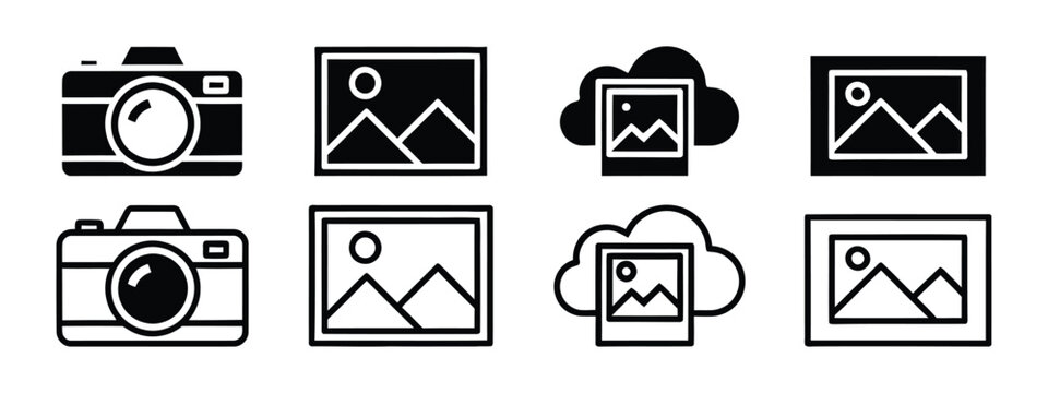 Black and white icons of cameras photos and clouds