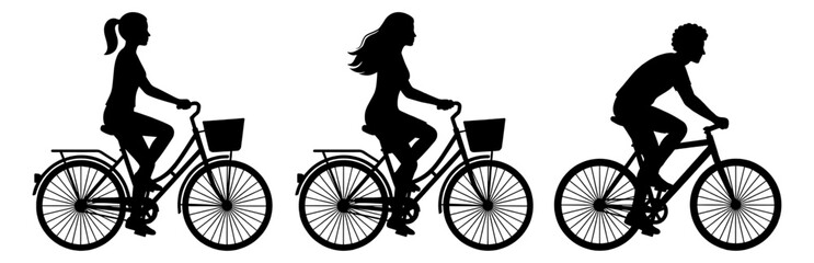 Cycling person silhouette set with city bike and basket