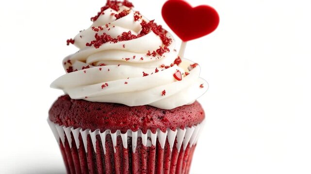 A close-up of a velvet cupcake decorated with icing and red sprinkles. The cupcake has a heart decoration. It is being enjoyed in a cafe setting