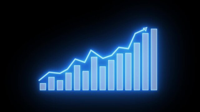 Illuminated Blue Outline Bar Chart with Ascending Arrow on Black Background Showing Data Trends graph