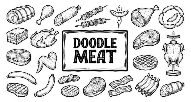 Meat and poultry doodle set with steak sausage and ribs