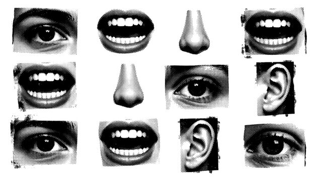 Halftone face part collage set with eye mouth and ear