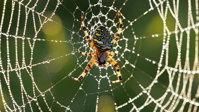 Yellow garden spider on dewy web in morning light