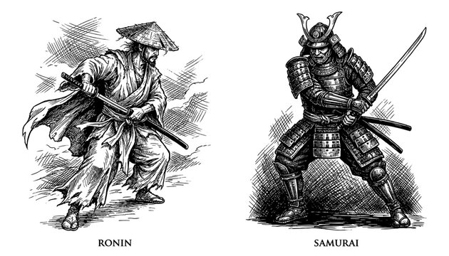 Hand drawn samurai and ronin Japanese warrior engraving