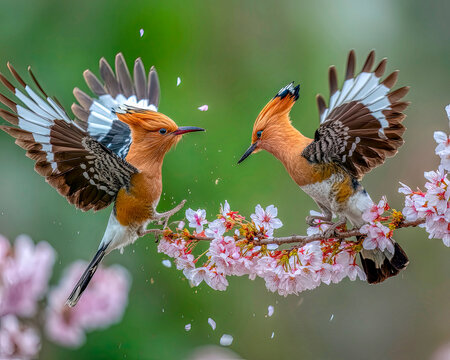 Two hoopoes on flowering branch