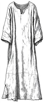 A simple, long, white tunic with short sleeves and a notched neckline, sketched in grayscale