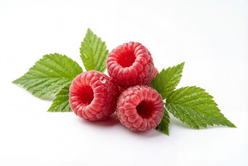 Three fresh red raspberries with green leaves isolated on white background