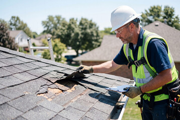 Plakat Contractor in safety gear inspecting damaged roof shingles and holding a clipboard
