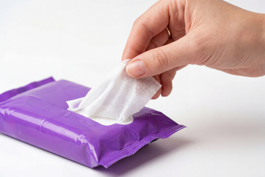 Hand pulling a white antibacterial wet wipe from a purple packet