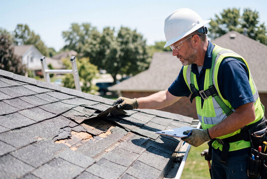 Contractor in safety gear inspecting damaged roof shingles and holding a clipboard