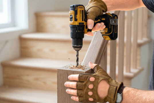 Worker wearing fingerless gloves operating power drill into a wooden stair post
