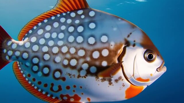 Exotic Fish in the Deep: A vibrant and mesmerizing fish gracefully swims in the depths, its unique pattern and colors standing out against the tranquil blue backdrop.