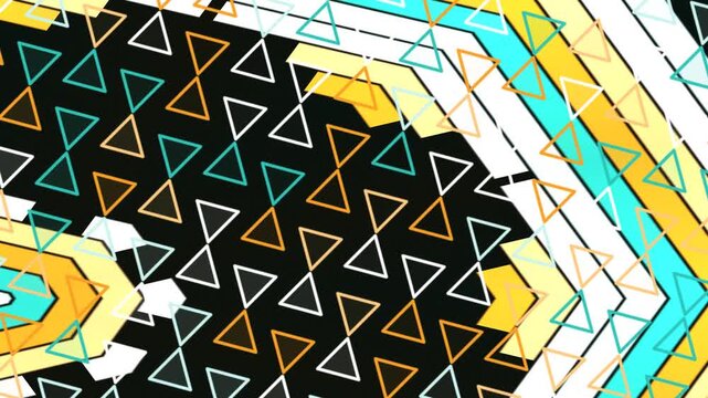 Abstract geometric pattern with vibrant yellow, orange, teal, and white triangles on a dark background, creating a dynamic and modern digital art design.