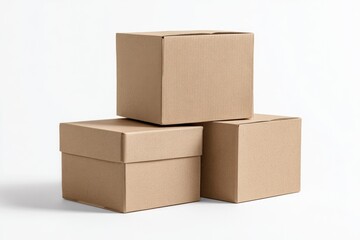 Three closed, brown cardboard boxes stacked on a white background with soft shadows