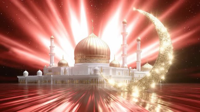 Golden domed mosque, luminous minarets, sparkling crescent moon, radiant red starry night, depicting Muslim Islamic holiday, spiritual observance, peace, and sacred celebration