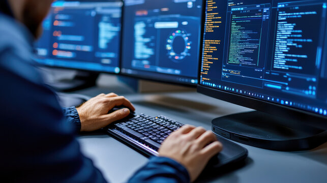 Person typing code on an illuminated keyboard, demonstrating fast data processing and cybersecurity measures for protecting digital information, networks, and software vulnerabilities