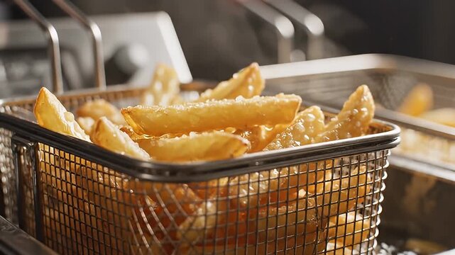 Fried Food in Deep Fryer Basket.