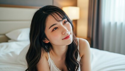 Naklejka premium ベッドの上で上体を起こし斜め上を見つめるキャミソール姿の女性