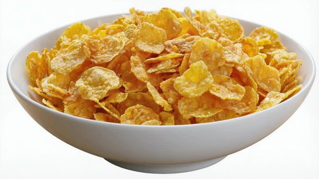 A heaping white ceramic bowl filled with golden corn flakes cereal is photographed on a clean white background, showcasing the crisp texture and warm amber tones of the breakfast staple.