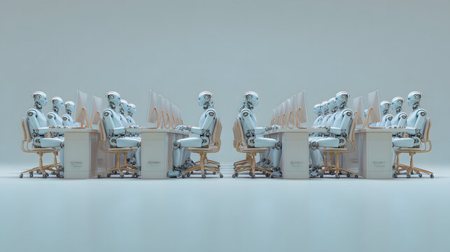 Robots working at desks in office