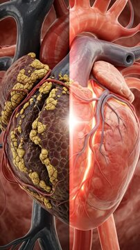 Comparing a diseased heart with atherosclerosis and plaque buildup to a healthy, vibrant cardiovascular system, emphasizing heart health support and prevention of cardiac disease treatment